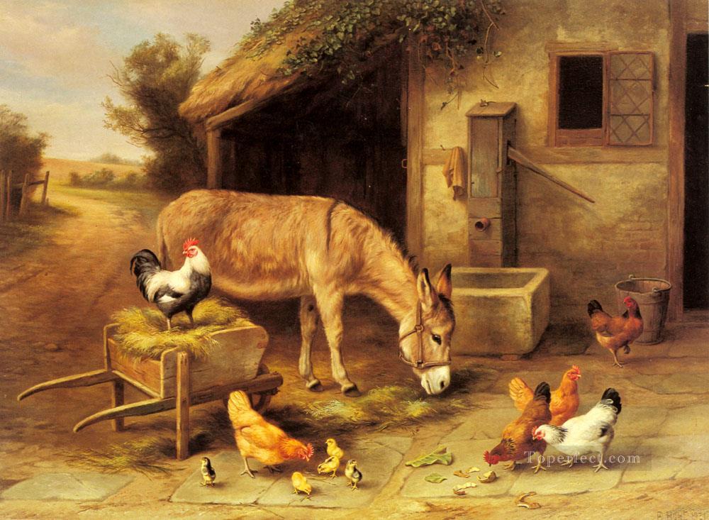 馬小屋の外のロバと鶏 エドガー・ハント油絵